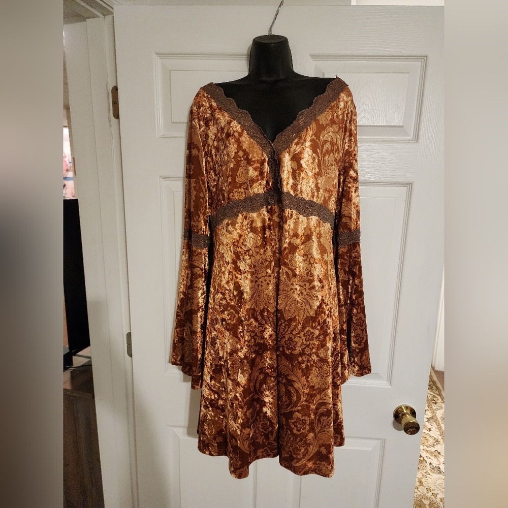Boho Brown Velvet Dress with Lace Trim